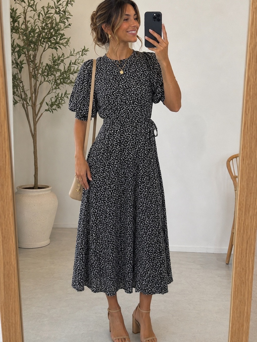 Black and White Floral Midi Dress Puff Sleeve Cottagecore Spring Summer Dress